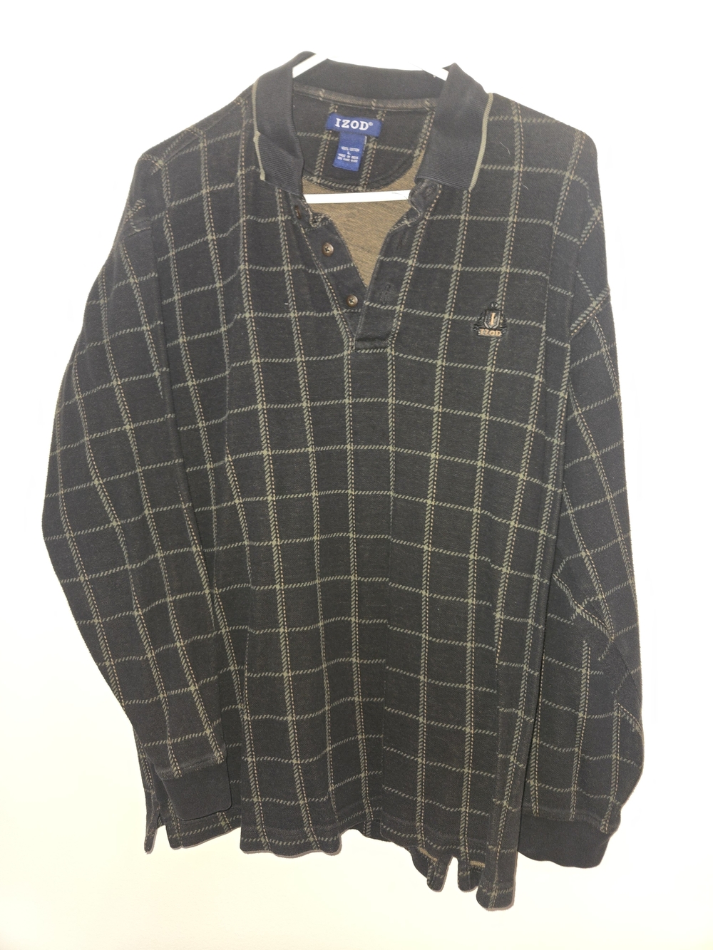 Izod Black Windowpane Long Sleeve Polo Shirt